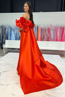 Red Satin Detachable Cape Strapless Long Prom Dress with 3D Flowers