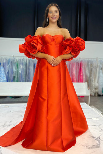 Red Satin Detachable Cape Strapless Long Prom Dress with 3D Flowers