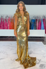 Load image into Gallery viewer, Sparkly Gold Sequin V-Neck Mermaid Cap Sleeves Long Prom Dress