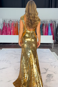 Sparkly Gold Sequin V-Neck Mermaid Cap Sleeves Long Prom Dress