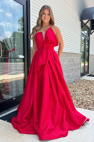 Red A-Line Satin Strapless Long Prom Dress with Bow