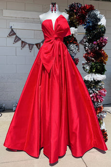 Red A-Line Satin Strapless Long Prom Dress with Bow