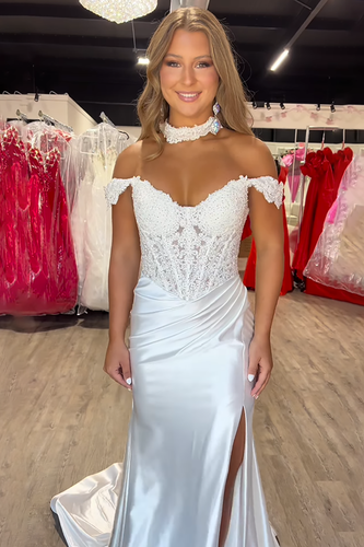 White Satin Mermaid Off the Shoulder Detachable Cape Long Prom Dress with Slit