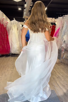 White Satin Mermaid Off the Shoulder Detachable Cape Long Prom Dress with Slit