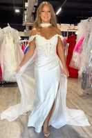Load image into Gallery viewer, White Satin Mermaid Off the Shoulder Detachable Cape Long Prom Dress with Slit