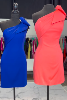 Fuchsia Satin Tight One Shoulder Short Prom Dress with Bow