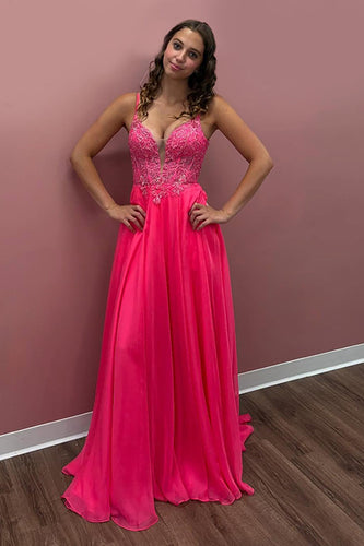 Coral Chiffon Spaghetti Straps A-Line Long Corset Prom Dress with Appliques