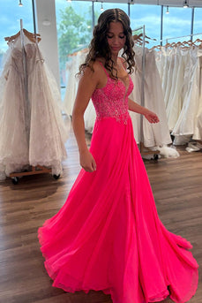 Coral Chiffon Spaghetti Straps A-Line Long Corset Prom Dress with Appliques