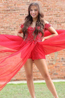 Load image into Gallery viewer, Sparkly Red Tight Off the Shoulder Short Prom Jumpsuits with Beading