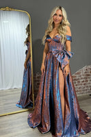Load image into Gallery viewer, Sparkly Blue Metallic Off the Shoulder Corset Long Prom Dress with Bow