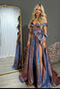 Load image into Gallery viewer, Sparkly Blue Off the Shoulder Metallic Long Corset Prom Dress with Bow