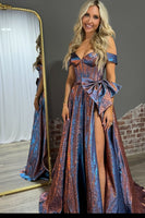 Load image into Gallery viewer, Sparkly Blue Off the Shoulder Metallic Long Corset Prom Dress with Bow