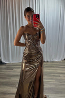 Load image into Gallery viewer, Sparkly Gold Mermaid Metallic Ruched Long Prom Dress with Slit
