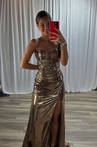 Sparkly Gold Mermaid Metallic Ruched Long Prom Dress with Slit