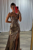 Load image into Gallery viewer, Sparkly Gold Mermaid Metallic Ruched Long Prom Dress with Slit