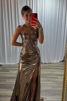 Sparkly Gold Mermaid Metallic Ruched Long Prom Dress with Slit