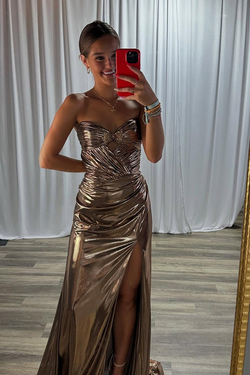Load image into Gallery viewer, Sparkly Gold Mermaid Metallic Ruched Long Prom Dress with Slit