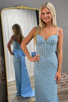 Load image into Gallery viewer, Sparkly Blue Sheath Beaded Spaghetti Straps Long Corset Prom Dress with Bow