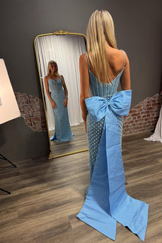 Sparkly Blue Sheath Beaded Spaghetti Straps Long Corset Prom Dress with Bow