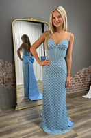 Load image into Gallery viewer, Sparkly Blue Sheath Beaded Spaghetti Straps Long Corset Prom Dress with Bow