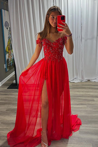 Sparkly Red Chiffon A-Line Off the Shoulder Long Prom Dress with Beading