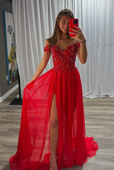 Sparkly Red Chiffon A-Line Off the Shoulder Long Prom Dress with Beading