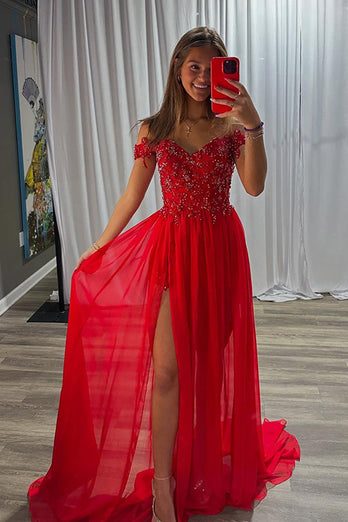 Sparkly Red Chiffon A-Line Off the Shoulder Long Prom Dress with Beading