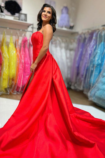 Red Satin Strapless A-Line Long Corset Prom Dress with Cape