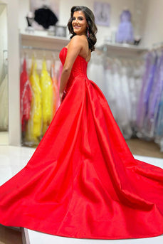 Red Satin Strapless A-Line Long Corset Prom Dress with Cape