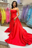 Load image into Gallery viewer, Red Satin Strapless A-Line Long Corset Prom Dress with Cape