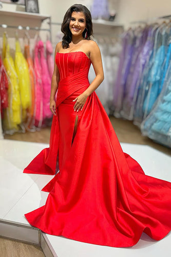 Red Satin Strapless A-Line Long Corset Prom Dress with Cape