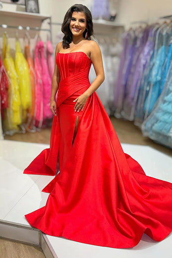 Red Satin Strapless A-Line Long Corset Prom Dress with Cape