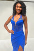 Load image into Gallery viewer, Sparkly Royal Blue Mermaid Satin Halter Long Corset Prom Dress with Beading