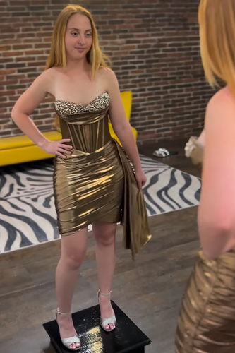 Sparkly Gold Metallic Tight Sweetheart Short Prom Dress with Beading