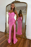 Load image into Gallery viewer, Sparkly Red Sequins Strapless Sheath Long Prom Dress with Slit