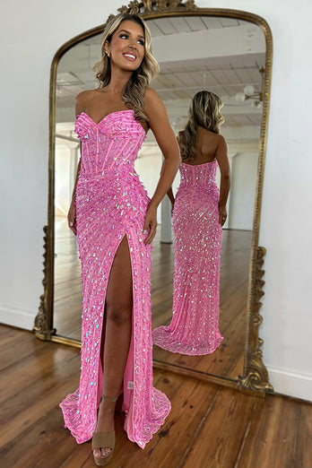 Sparkly Red Sequins Strapless Sheath Long Prom Dress with Slit