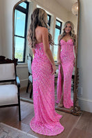 Load image into Gallery viewer, Sparkly Red Sequins Strapless Sheath Long Prom Dress with Slit