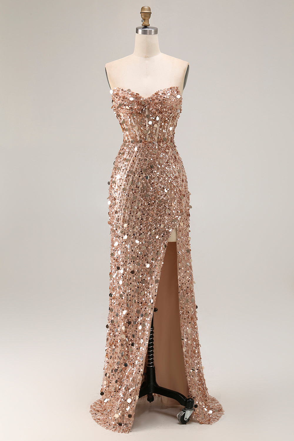 Sparkly Champagne Beaded Sequins Long Prom Corset Dress with Slit