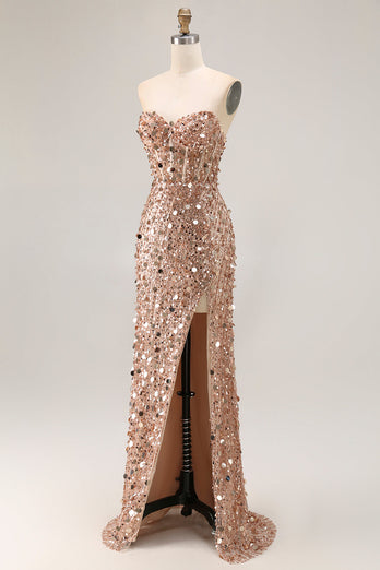 Sparkly Champagne Beaded Sequins Long Prom Corset Dress with Slit