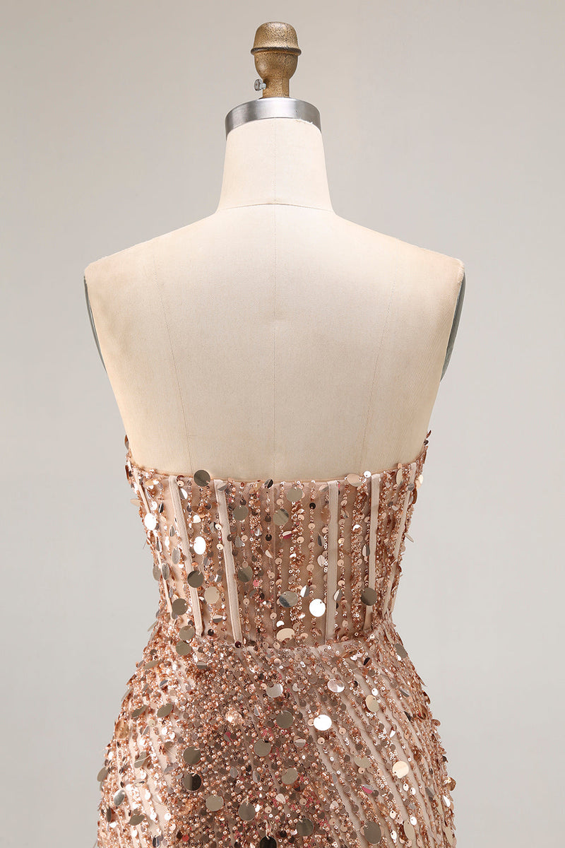 Load image into Gallery viewer, Sparkly Champagne Beaded Sequins Long Prom Corset Dress with Slit