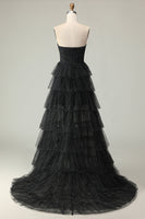 Load image into Gallery viewer, Black and White Ruffled Polka Dots Corset Long Prom Dress with Slit