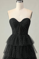 Load image into Gallery viewer, Black and White Ruffled Polka Dots Corset Long Prom Dress with Slit