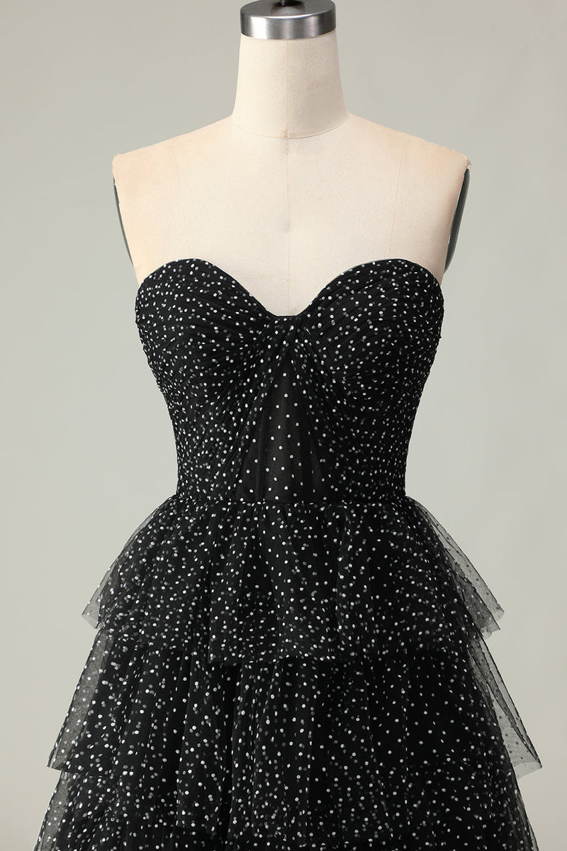 Load image into Gallery viewer, Black and White Ruffled Polka Dots Corset Long Prom Dress with Slit