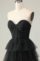 Load image into Gallery viewer, Black and White Ruffled Polka Dots Corset Long Prom Dress with Slit