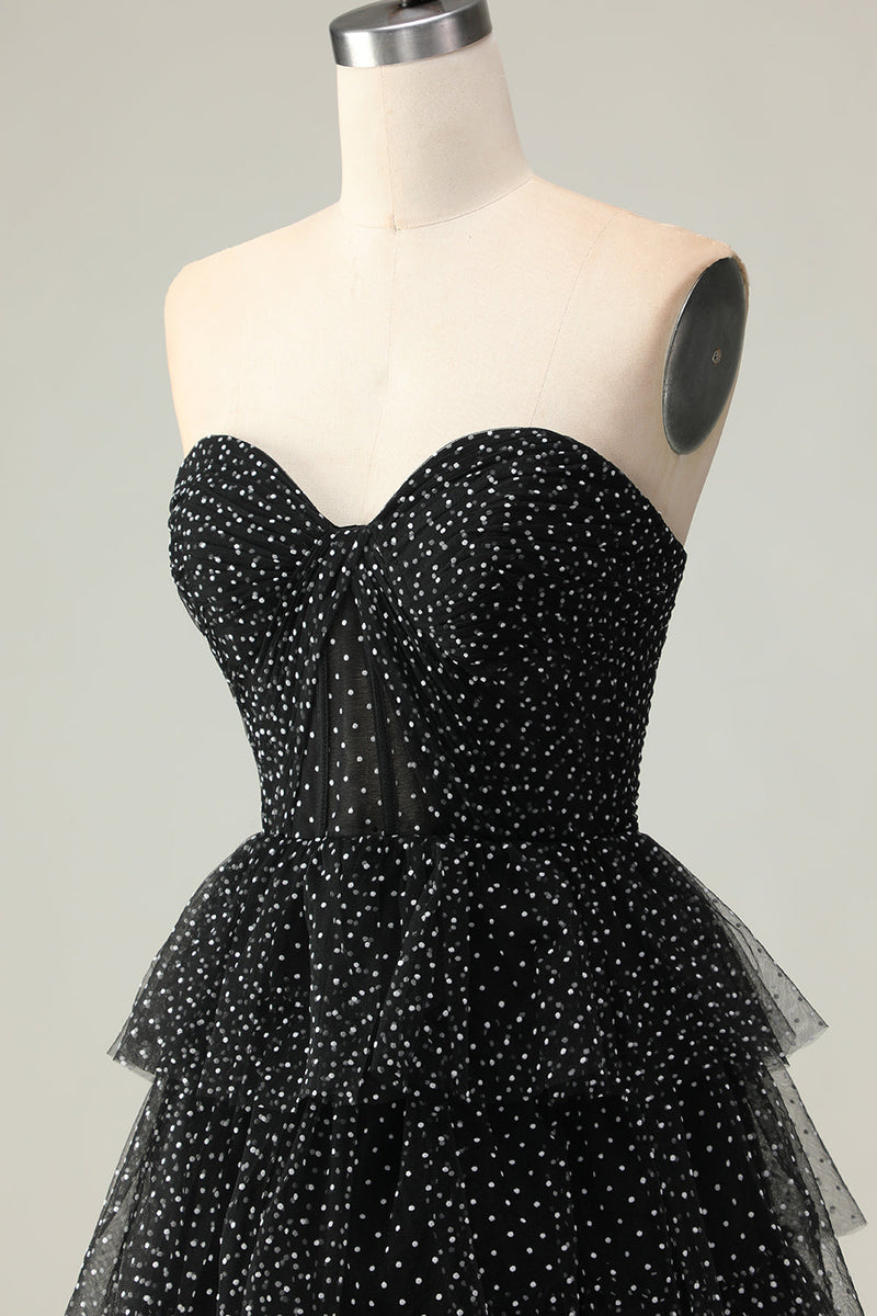 Load image into Gallery viewer, Black and White Ruffled Polka Dots Corset Long Prom Dress with Slit
