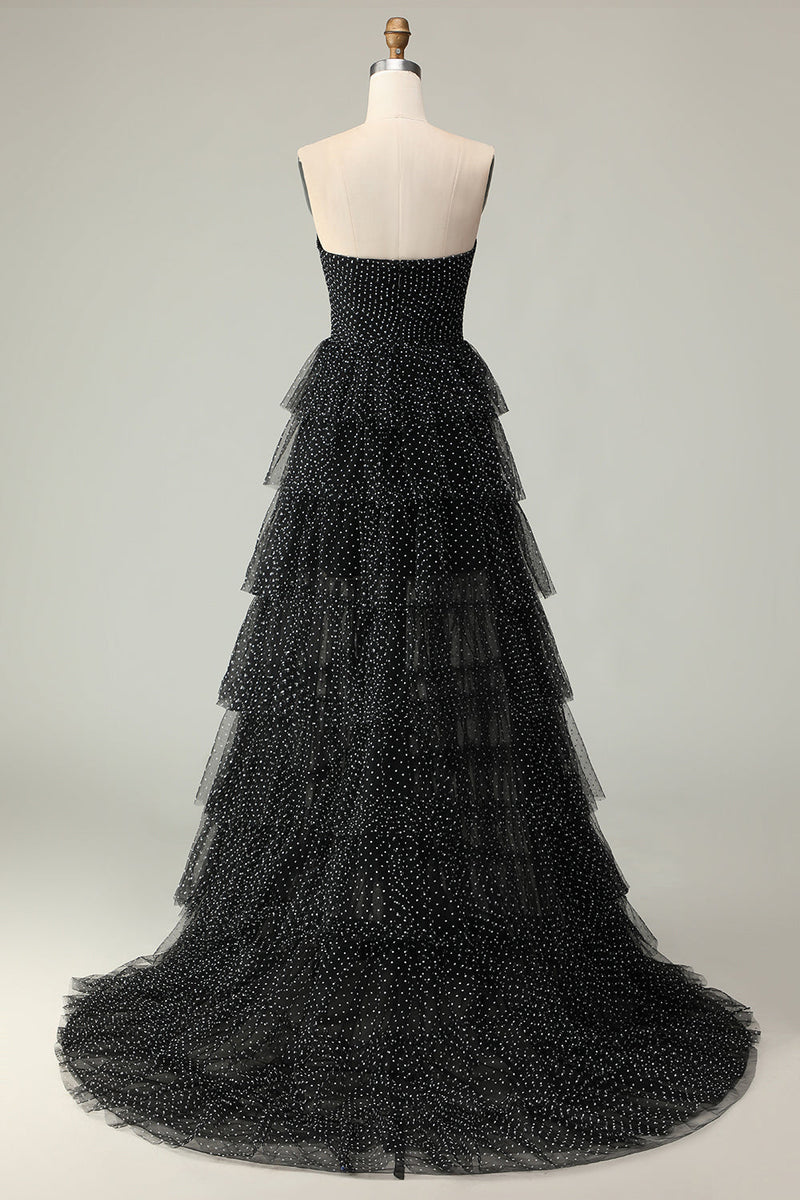 Load image into Gallery viewer, Black and White Ruffled Polka Dots Corset Long Prom Dress with Slit