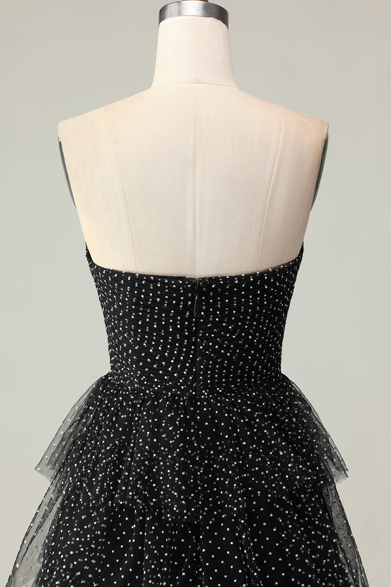 Load image into Gallery viewer, Black and White Ruffled Polka Dots Corset Long Prom Dress with Slit