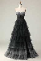 Load image into Gallery viewer, Sparkly Black and White Ruffled Polka Dots Long Sweetheart Corset Prom Dress