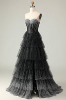 Load image into Gallery viewer, Sparkly Black and White Ruffled Polka Dots Long Sweetheart Corset Prom Dress