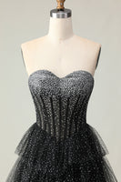 Load image into Gallery viewer, Sparkly Black and White Ruffled Polka Dots Long Sweetheart Corset Prom Dress